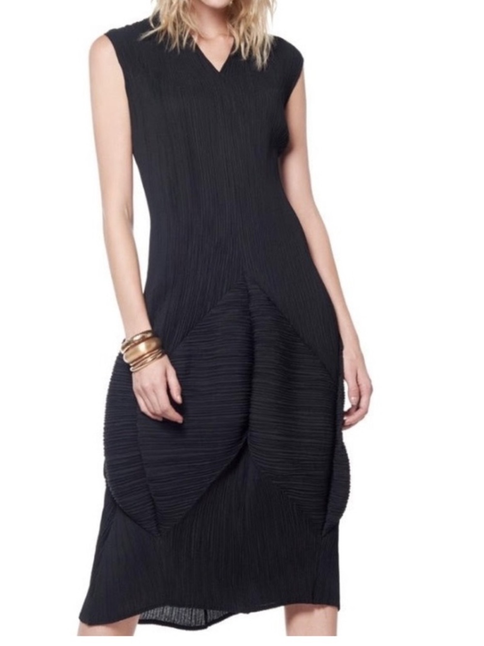 Gracia Black Pleated Sculptural Bubble Hem Midi Dress Women’s F Fit Most